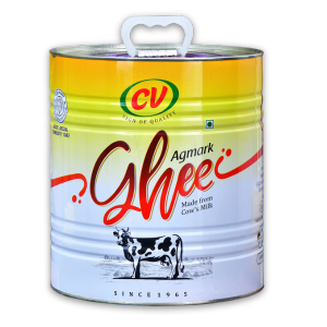 An antique ghee can with an image of a cow, signifies genuineness and excellence in cooking.