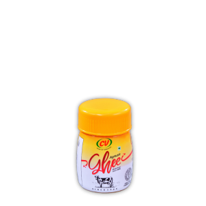 A transparent perfectly packed 50ml container holding  pure cow ghee against a white backdrop