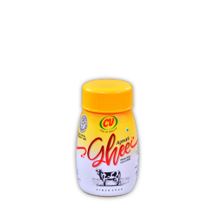 A transparent perfectly packed 100ml container holding  pure cow ghee against a white backdrop