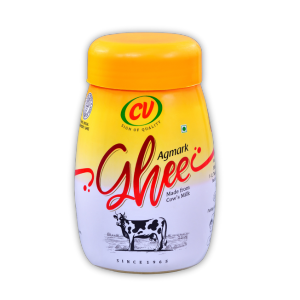 A transparent perfectly packed 1-liter container holding  pure cow ghee against a white backdrop