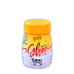 A transparent perfectly packed 200ml container holding  pure cow ghee against a white backdrop