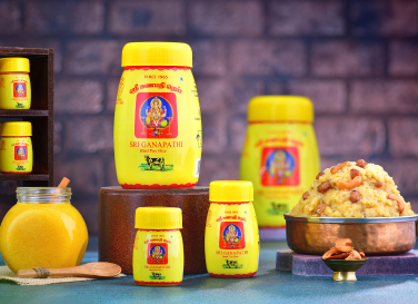 showcased The three jars of pure Agmark cow ghee, made by Sri Ganapathi Ghee Store in Coimbatore.