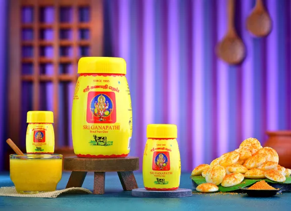 Sri Ganapathi's bottled ghee options guarantee freshness, ease of use, and convenience in storage.