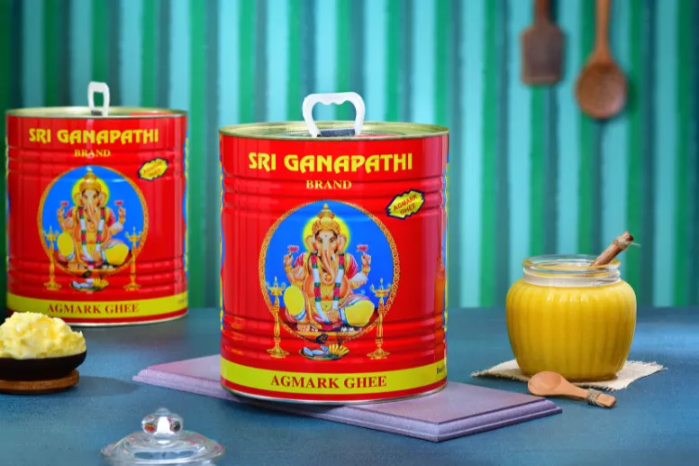 Ganpati B2B's premium ghee tin delivers rich flavor and purity for all your cooking needs.