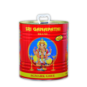 A 5-liter tin of AGMARK-certified Sri Ganapathi brand ghee, which is manufactured in Coimbatore.