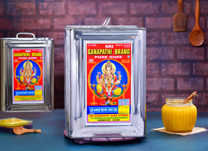 A box of Ganapathi Ghee, a well-known brand, recognized for its quality, purity, aroma, and taste.