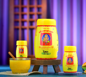 showcased The three jars of pure Agmark cow ghee, made by Sri Ganapathi Ghee Store in Coimbatore.