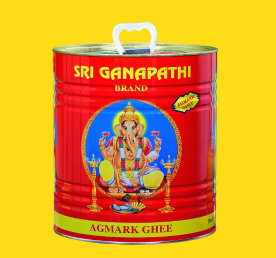 A box of Sri Ganpathi brand, filled with high-quality ghee, offering rich flavor and authenticity.