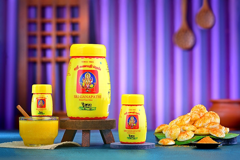 Caterers uses different-sized bottles of sri ganapathi pure ghee to prepare delicious podi idlies.