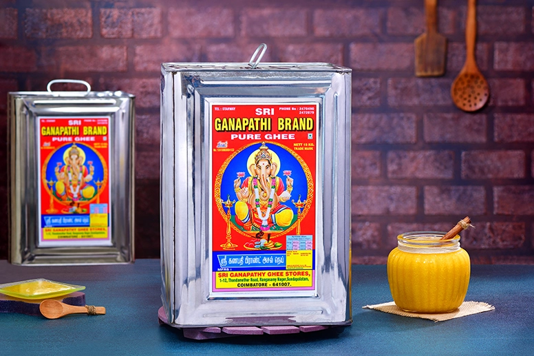 Hotel businesses can use five-litre tins of Sri Ganapthi ghee along with a small glass container.