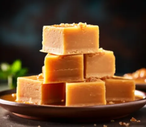 The plate of Mysore pak fudge served with a side of sugar bowl besan, ghee, and cooked to perfection